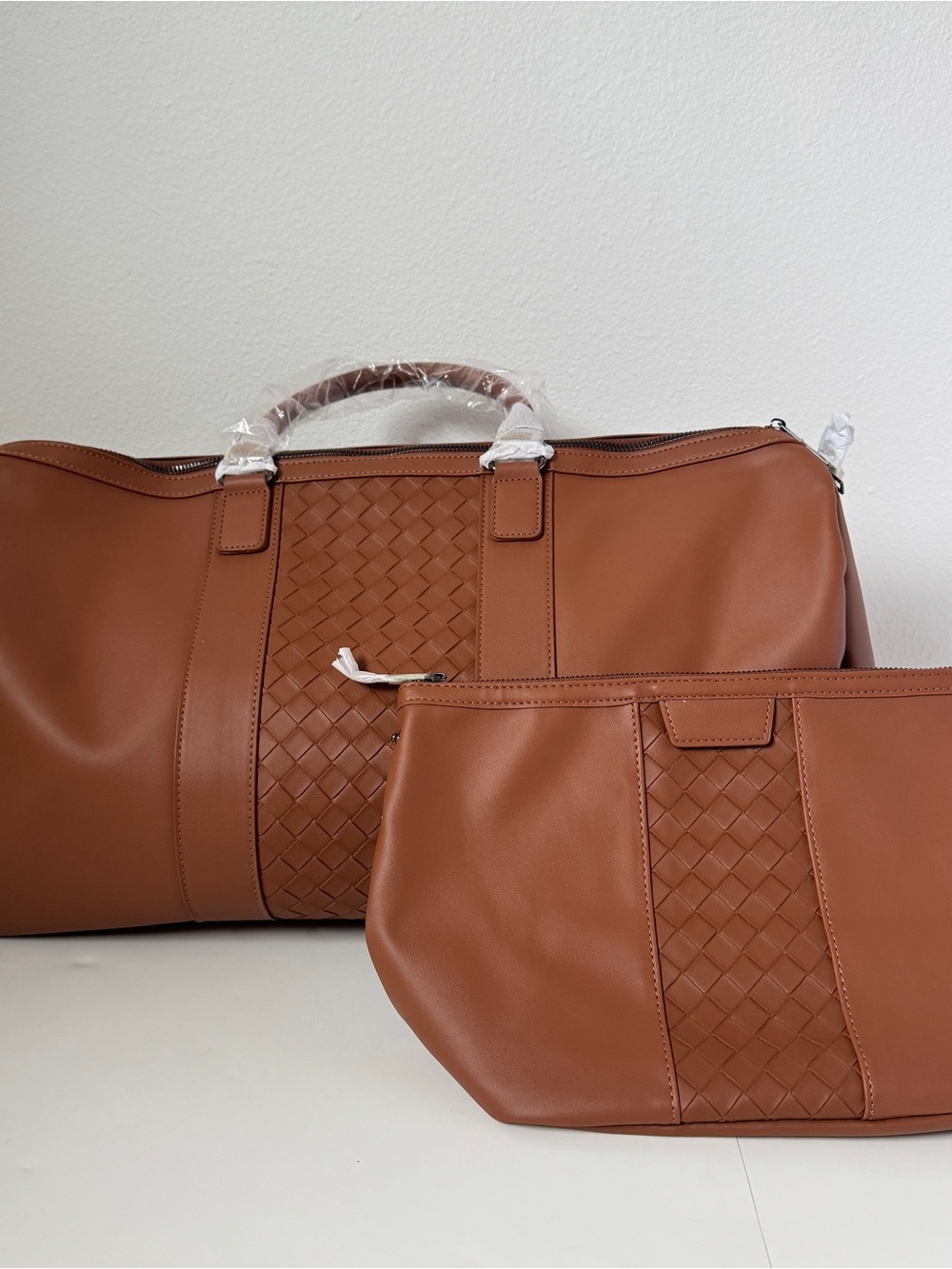 Brown Cognac Woven-Detail Travel Duffel Bag Set + Matching Pouch